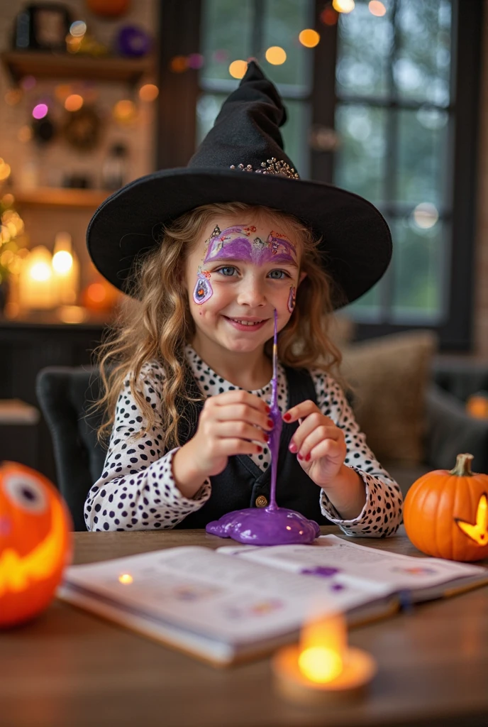 surprised kid wearing witch halloween costume with pumpkin on yellow background with bat and candle