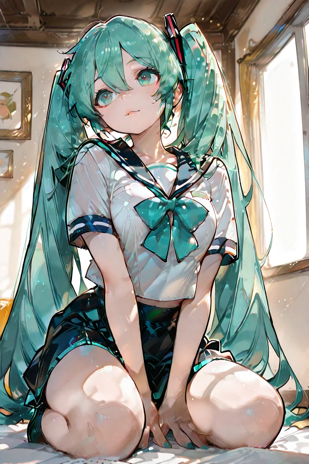 full body, masterpiece, 8k, ultra HD, sharp focus, details hair, beautiful hair, details face, beautiful detail eye, details pupil, perfect hand, vibrant colours, soft lighting.

1girl, long hair, hair accessory, twin bun , (blue-green hair), light purple eyes, large breast, crop sails, sails suits, short sleeve, summer, mini black skirt, no socks, black school shoes, show White underwear, sexy pose.

classroom,desk, beside window, evening, birds, clouds .