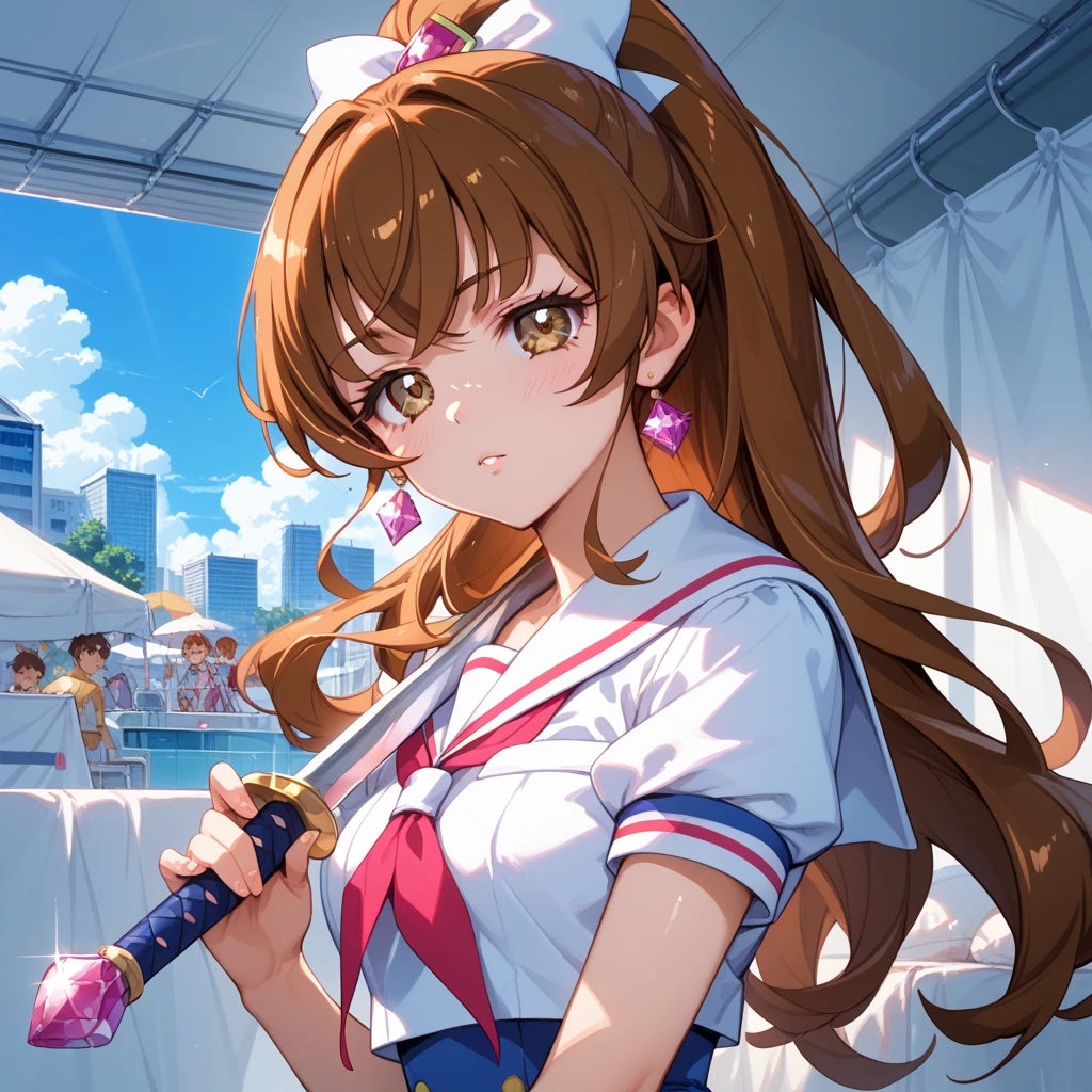 realistically, brown eyes, ponytail, glowing eyes, white short skirt, extra short skirt, Blush, daytime, Wet from the rain, see through, sleeveless shirt, nipples, pussy, crotch, embarrass, Sit with your knees raised, windy, yuki mikan, the skirt is turned up, highest quality, High resolution, highly detailed face, perfect lighting, Very detailed CG, perfect hands, perfect anatomy, Hand open skirt, armpit,