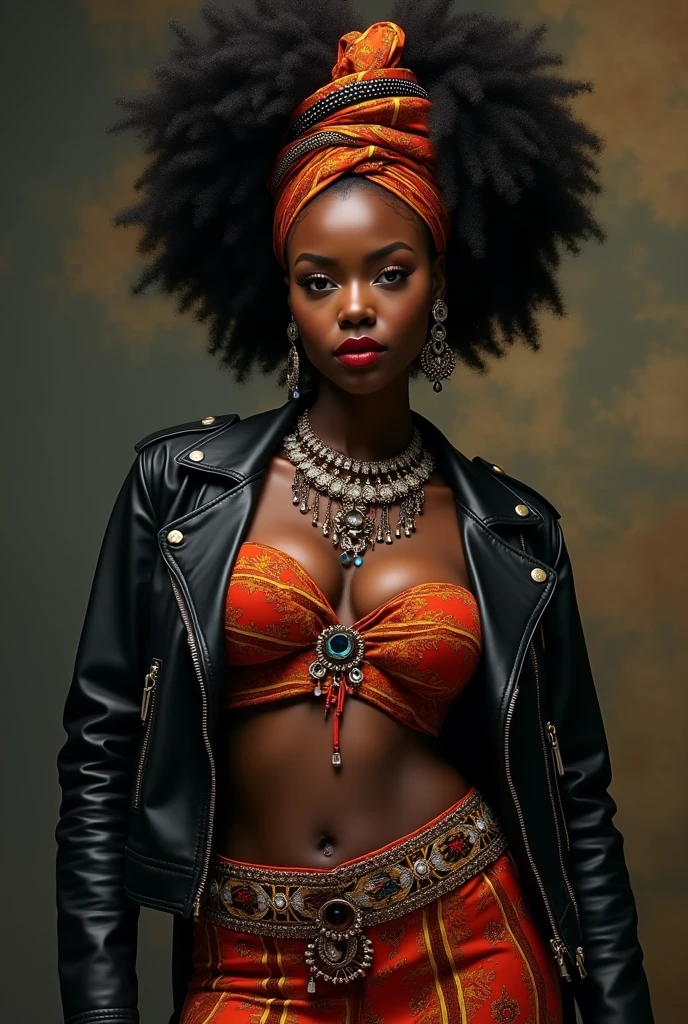 concept art Psychedelic style A RAW photograph, full body portrait of a beautiful African woman wearing a sexy, multi-color outfit, large breasts, dusty atmosphere, (gritty, grungy), realistic photograph. Cinematic film grain and other film effects. Vivid color and contrast. clear eyes. (realistic skin details), highly detailed, volumetric, dramatic lighting, long eyelashes, natural skin details, passionate smile, teased hair, messy hair, highly sexual, presented in a 16x9 cinematic format. . Muted colors, <lora:Artists_Edge-000006:0.3> . digital artwork, illustrative, painterly, matte painting, highly detailed