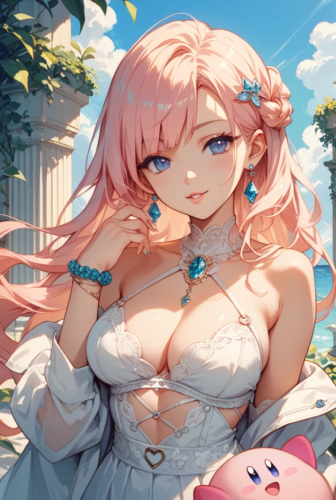 Realistic, Hyper Detail, 1 mature female, ((milf)),Layered Bob, Dynamic Lighting, ((Bold imaginative pose)), (Glossy skin: 1.5), Masterpiece, Top Quality, Absurdity, Watching Viewer, (Blonde and Pink Hair), Purple Clear Eyes, Slender, High Resolution, Sharp Focus, Depth of Field, Detail Eyes, Sharp Eyes, (Realistic Eyes)), ( Medium: 1.4), outdoors, sunrise sky, many white hydrangea backgrounds, (caramel tou: 1.2)), (attractive delicate saxe blue lingerie ): 1.3)),((Beautiful, detailed eyes, jewel-like eyes, colorful eyes, sparkling eyes:1.3))