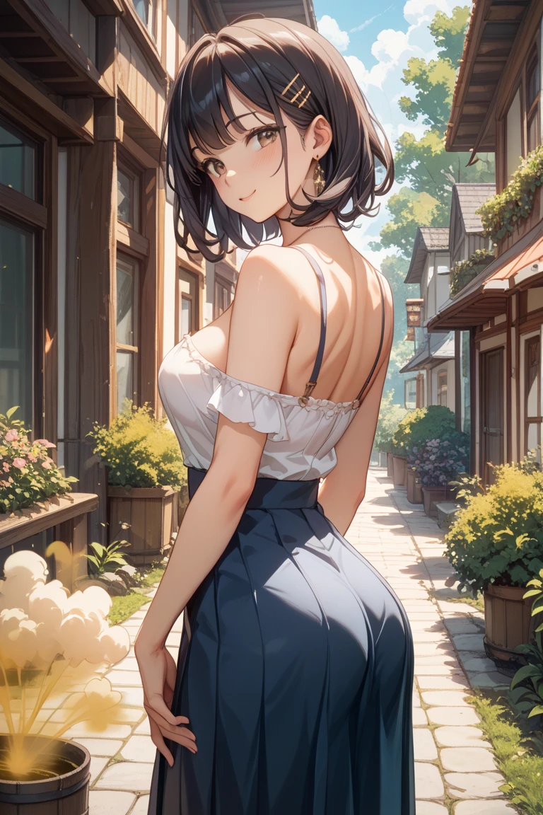 very cute and beautiful girl standing near the window,((((White checked summer dress with fine frills),sleeveless,Fine lace)))),(skirt lift,white panties),(((lift up the skirt、flip up the skirt、You can see a little of my pants)))、 (very detailed美しい顔),grassland,wooden floating cottage, cowboy shot,(smile),blush,looking at the viewer、look return,return、medium hair,black hair,up hair, (highest quality,masterpiece:1.2),confused,High resolution,Super detailed,very detailed,32k,8K resolution, intricate details,movie scene,detailed returnground,alone,dynamic angle, Natural light,particles of light,beautiful detailed sky,perfect hands,look back、slouch、(((Hair tied back)))