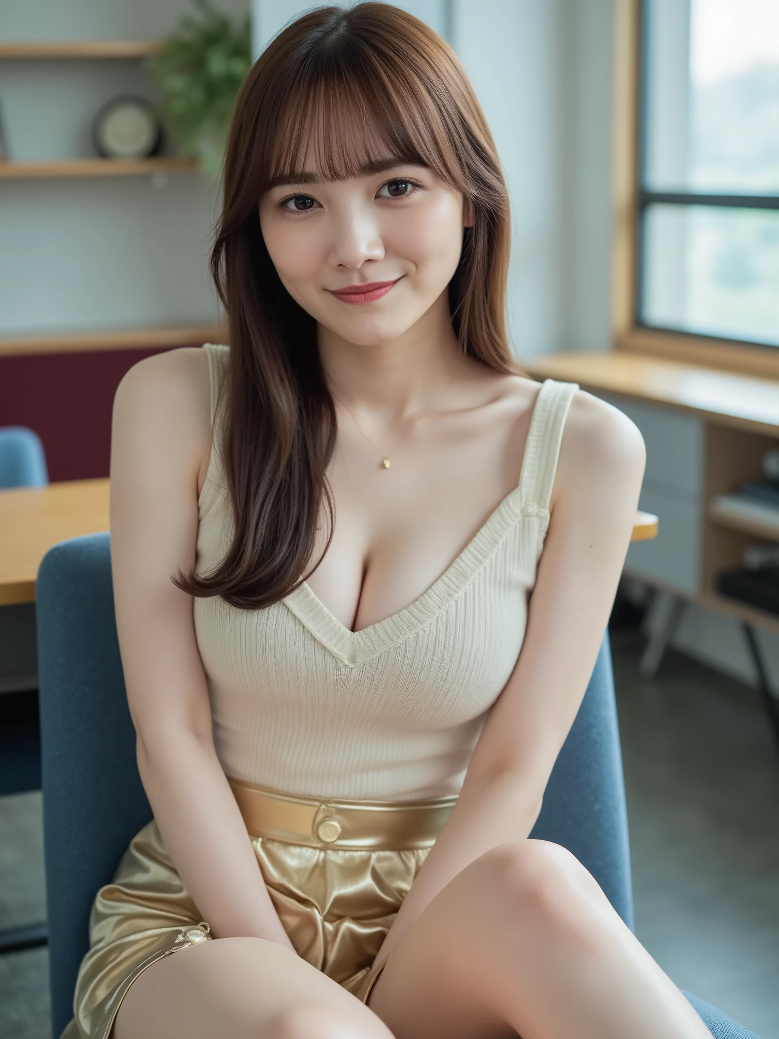 Ulzzang-6500-v1.1, (RAW photos:1.2), (realistic), (really:1.4), １girl、very pretty girl、21 years old、game_nffsw,  eye for detail, shy smile、business fashion、business suit、thighs and skirt、sit on a chair、Working、(very realistic pantyhose:1.2), Curly hair、realistic skin texture、glowing skin、exposed thighs!!! , assembly、eye shadow、