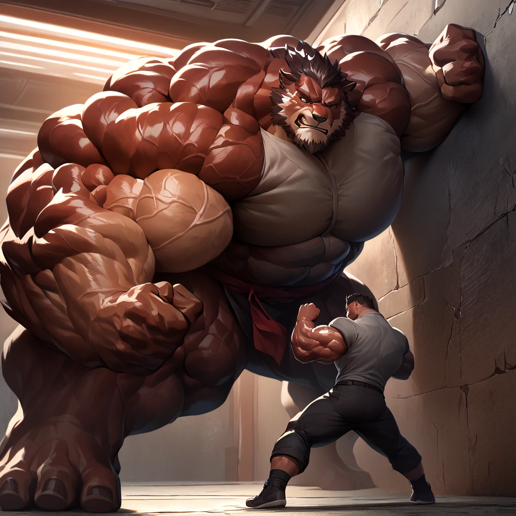 (best quality, 4k, highres, masterpiece:1.2), 1bear, 1boy, ultra-detailed, fury, furry art (realistic, photorealistic, photo-realistic:1.37), massive muscular, huge muscular, chubby Grizzly bear, working out, incline bench press, workout in the gym, pumping his huge pectoral muscles, straining, sweating, black shorts and black wristbands, lifting heaviest weight, barbells, gym equipments, brown hair, thick brown fur, super thick arms, super big pectoral, super wide hairy pectoral, topless, shirtless, eyebrows, impressive brown beard, strong jawline, kind eyes, strong arms, proud posture, well-built physique, professional lighting and backdrop, intense shadows, vibrant colors, dramatic composition, gritty texture, vintage aesthetic, dynamic perspective. Add textures and details to make the image more realistic, such as the appearance of the body built muscles texture and the appearance of the brown fur, pumping up Bench Press 500lbs raw paused x2 405x10 paused of swollen muscles