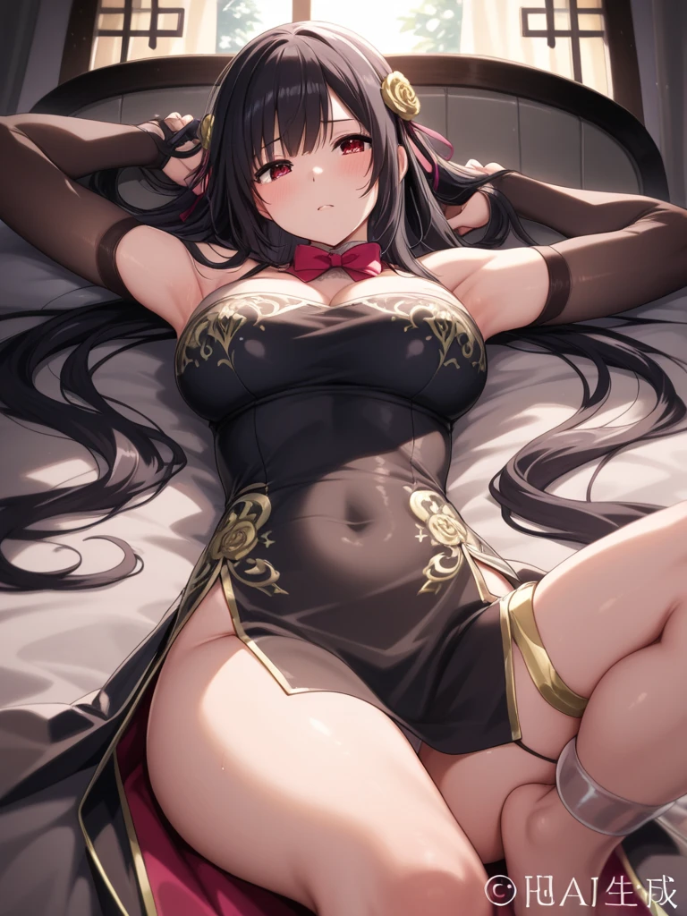 (masutepiece、Best Quality)、shirayuki_tomoe、1girl in、Open bra、Beautiful eyes、Well-formed face、very large udder、Too big、Lace bra with black ruffles、Black bra shoulder straps、Black lace panties、Big and beautiful nipples、Beautiful areola、beauty legs、a room、Gravure Pose、blushed face、Figure-eight eyebrows、Moist eyes、Seduce a man、shame、