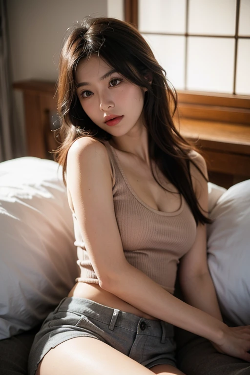 1girl, beautiful detailed chinese woman, young, china, east asia, chinese face, voluptuous, curvaceous, short, petite, thicc, thick thighs, busty, wide hips, natural, natural lashes, pale face, glistening sweat, teenager, ulzzang, cute face, thin face, skinny face, thin cheeks, pointy chin, tsundere, annoyed face, angry face, angry brows, frowning, small nose, thin nose, small nose tip, thin eyes, thin lips, pouty lips, fully clothed, baggy clothing, skirt, dress, shirt collar, unbuttoned clothes, open shirt, exposed chest, chest binding, bandages, arafed woman, chinese farmer, china harvest, china rural travel, chinese woman, traditional china, rural china, in bed, makeshift bed, fields, impoverished, disheveled, farmer, farming, messy thick luscious hair, jet black hair, long hair, silk hair, traditional hairstyle, cute hairstyle, detailed face, penetrating eyes, beautiful detailed lips, extremely detailed skin, detailed clothing, colorful clothing, (best quality,4k,8k,highres,masterpiece:1.2),ultra-detailed,(realistic,photorealistic,photo-realistic:1.37), natural lighting, warm color tones, cinematic composition