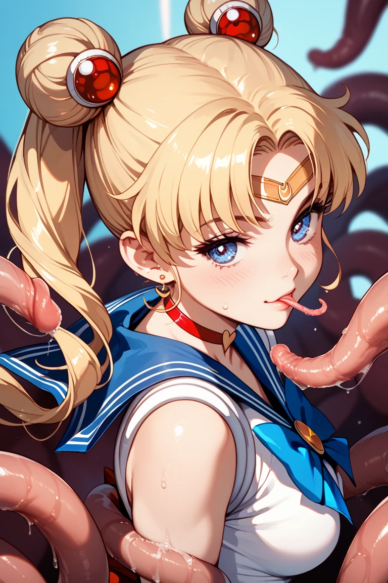 anime illustration1man 2 girls, Woman on all fours, sailor moon sucking testicles, Woman licking the penis of the man, Tsukino Usagi, (sailor moon, blonde hair, twintails, circlet, jewelry, crescent earrings)