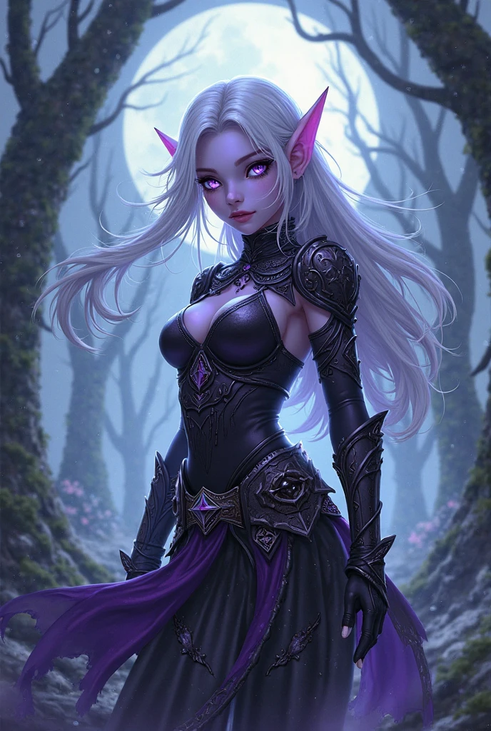uma mulher, com dois chifres, cabelo branco, ninja, palida, irritado, fantasy genre portrait, no estilo da arte da fantasia sombria, assassina, Gothic, feature, Fantasia sombria cyberpunk sedutora, design de personagens de fantasia sombria, Mulher meio elfa, necromante feminino, tiefling