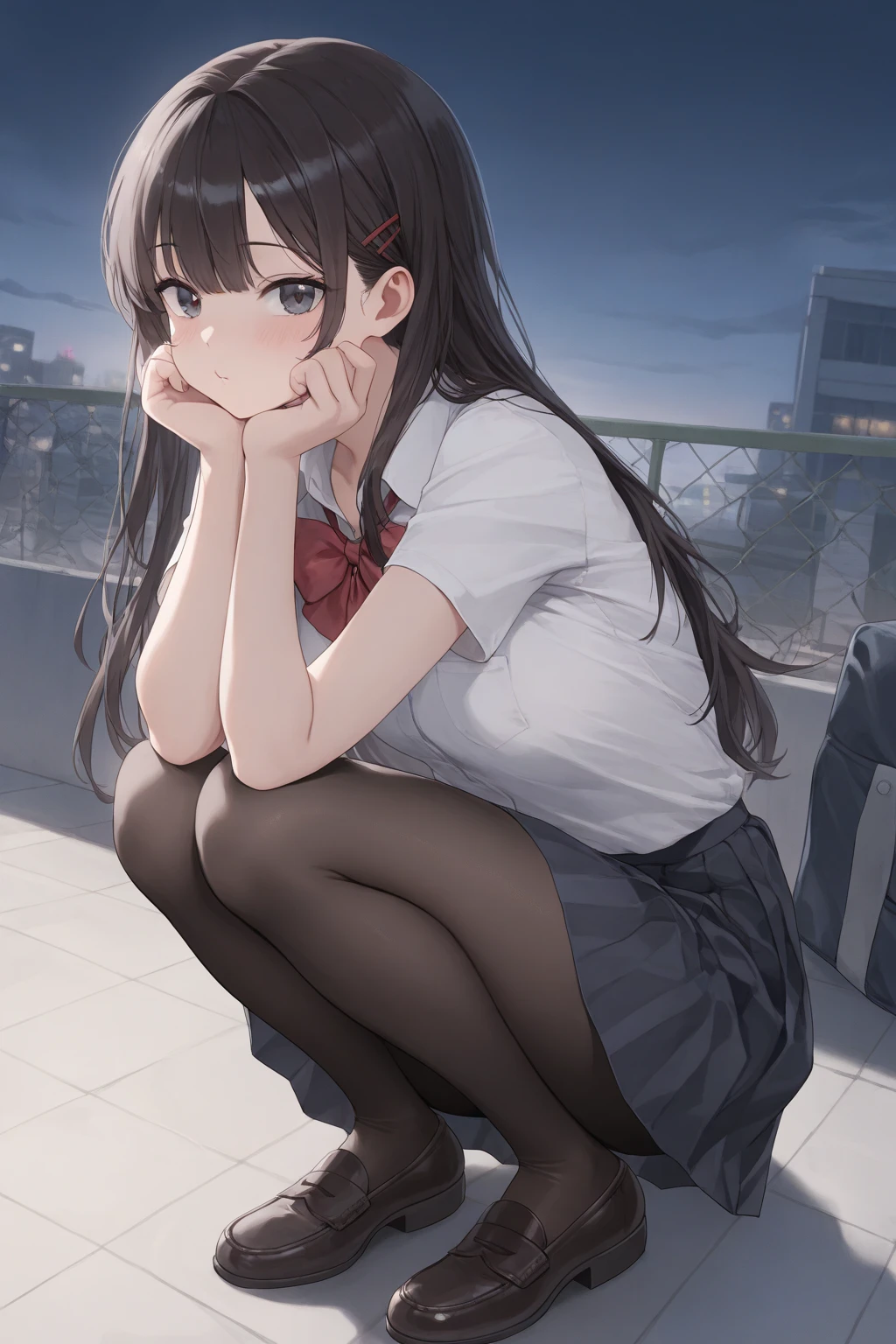 top-quality、exquisite、Schoolgirl in uniform sitting on the ground with her knees upright、Staring at me with a blush、