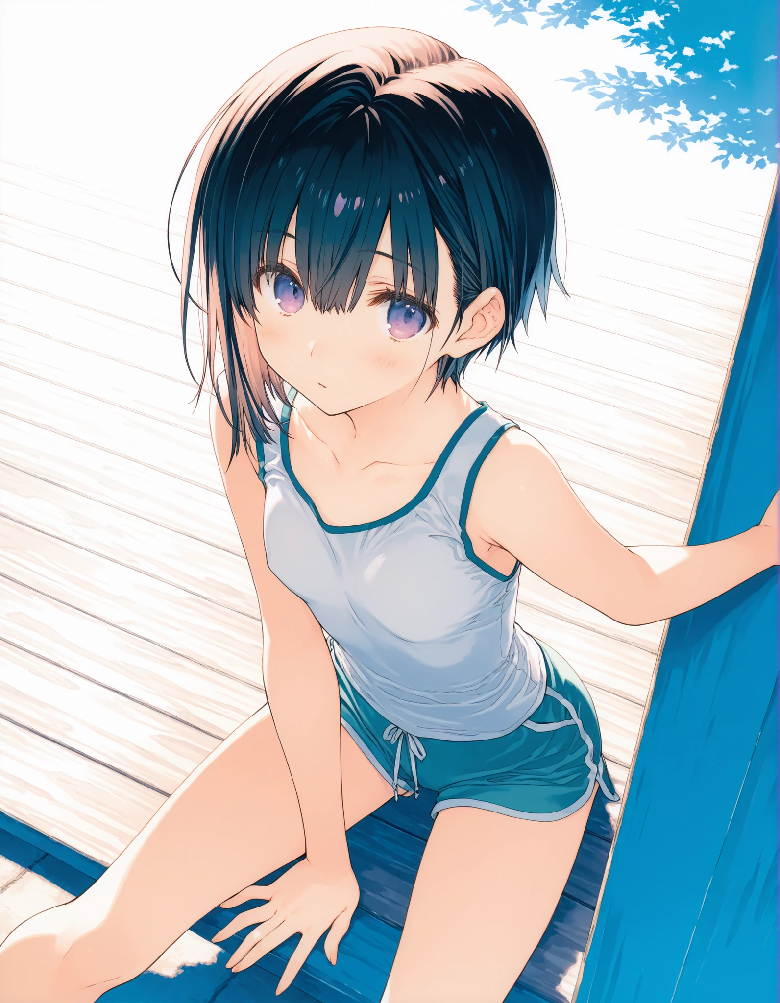 (Solo boy),cowboy shot,,(disappointed:1.3),embarrassed,(tears:1.3),show teeth,masterpiece, Highest quality, High resolution, remu Suzumori,short bob cut hair,Earrings,necklace,upper body,tight designed ultra Highcut blue White border stripe lingerie, (flat chest:1.3),Detailed face,oily shine skin,(at classroom:1.1),bulge penis inside Panties