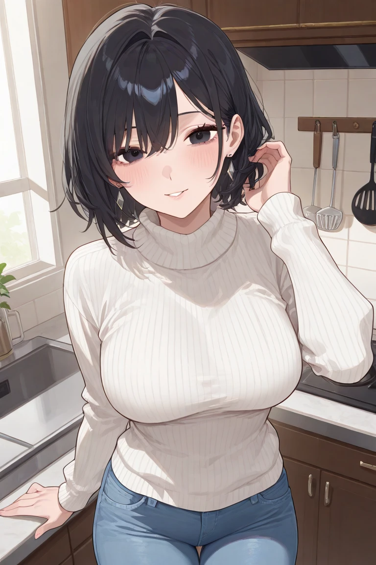 ((Best Quality)), ((masterpiece)), (detailed), 1 girl, blue black hair, by the wide, hair tied, green eyes, big breasts, big thighs, I expressed smiling, open mouth, blush, Large white t-shirt, shorts negro, at home