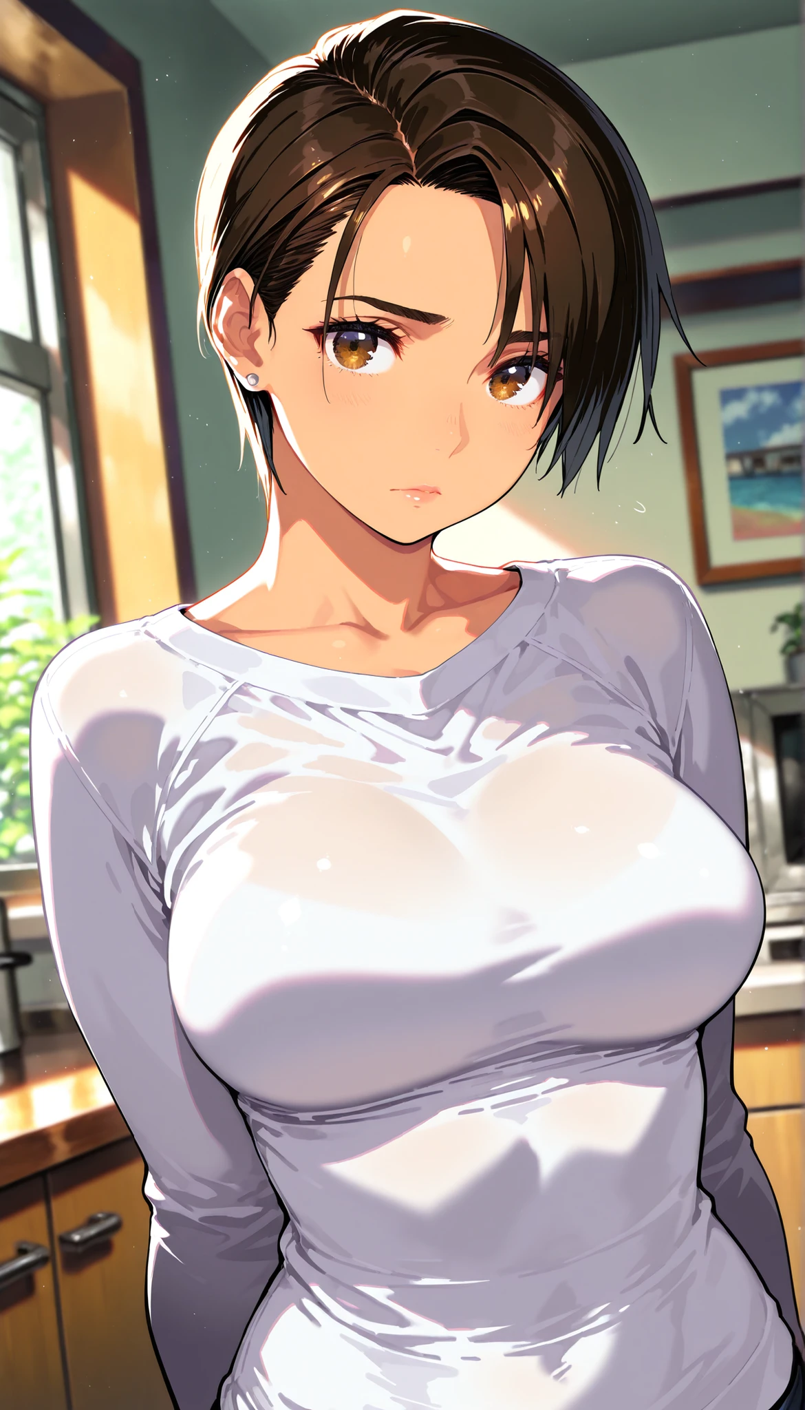 femele、paparazzi shooting、A dark-haired、bob cuts、((Colossal tits:1.2)), ((white t-shirts:1.5)), ((Clocktop))、8K、high-level image quality、masutepiece、cowboy shot、top-quality、hard disk、A highly detailed、Stereoscopic lighting、Photorealistic、((a wet body))、Rain-drenched body、Shiny body、pointed Nipple、((Oiled body))、((Oily body))、((Shoot head-on))