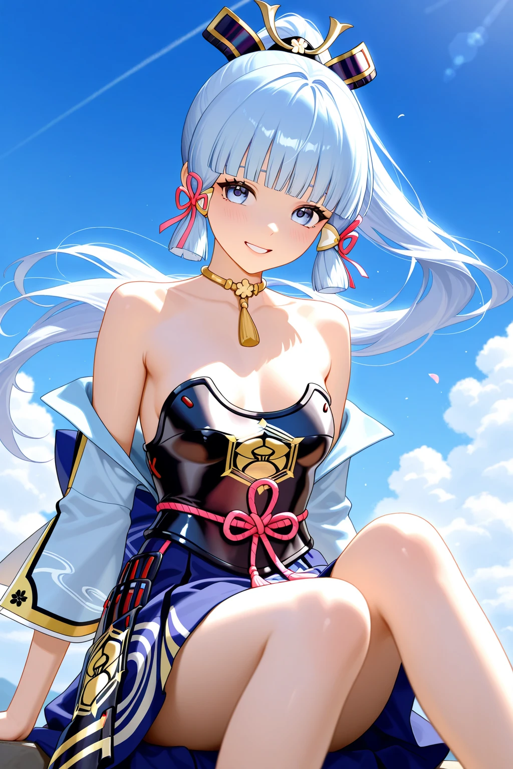 (masterpiece, best quality, detailed) ,1girl,kamisatoayakadef,(silver hair) ,  in bikini standing on beach at sunset with ocean in background, at beach at sunset, in the beach, at the beach on a sunset, at a beach, at the beach,((sunset)), standing at the beach, on a beach, on the beach at sunset, at the sea,eye details,teasing smile, clean detailed anime art,high resolution, (perfect hands, perfect anatomy),