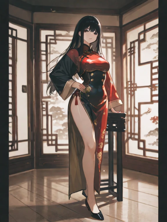 (tmasterpiece:1.6,best qualtiy),(Thin and beautiful eyes:1.2),(top of head),high high quality,beauitful face,1girll,Chinese ancient style,huge tit,long whitr hair,Wide buttock,(scenecy),Dan furnace,Inside the main hall,Background of details,Red clothes,(With a weapon on the waist),whaite hair