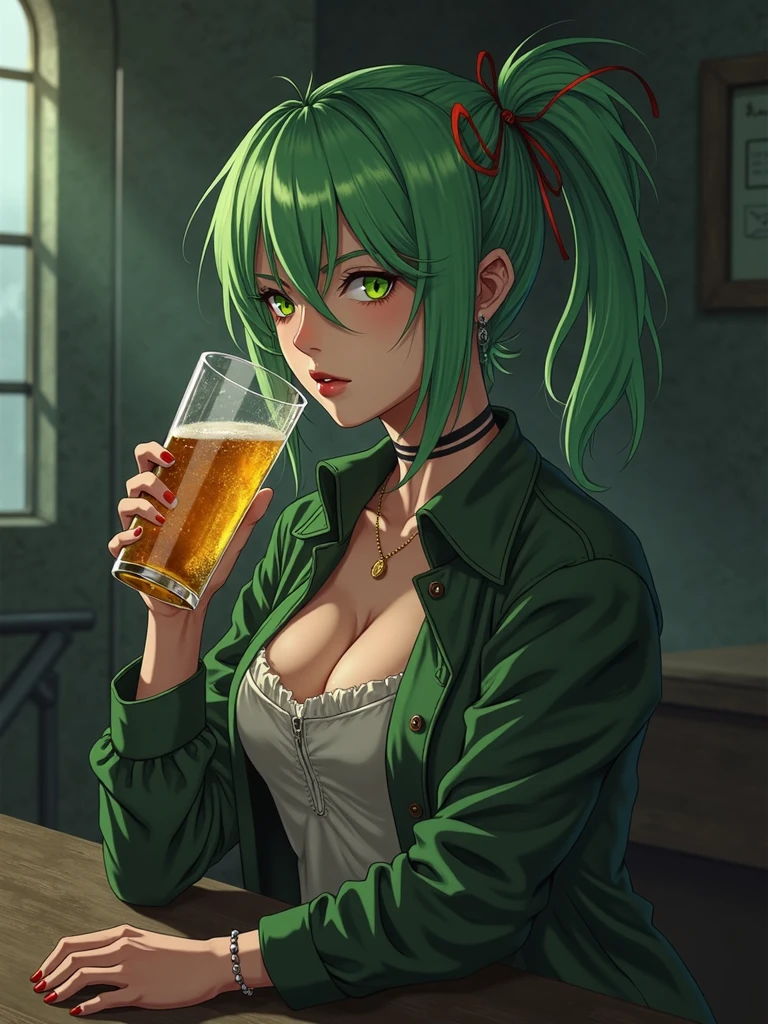 Cute sexy awkward woman with thick long messy curly green hair with glasses with tattoo blushing with bright earrings with thick thighs and big chest in sexy position in leggings an a jacket in a bar at night with dropped jaw with butt out winking acting shy and embarrassed blushing uncontrollably