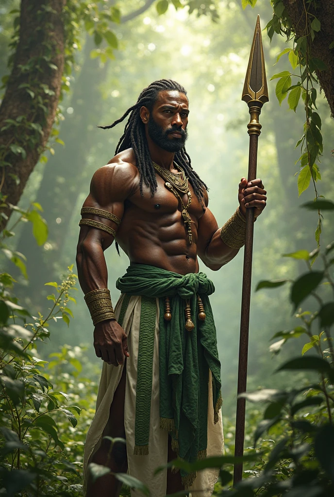 Twenty-one year old man, tanned brown skin, brown wavy hair, dark brown eyes, holding a trident, I see water around