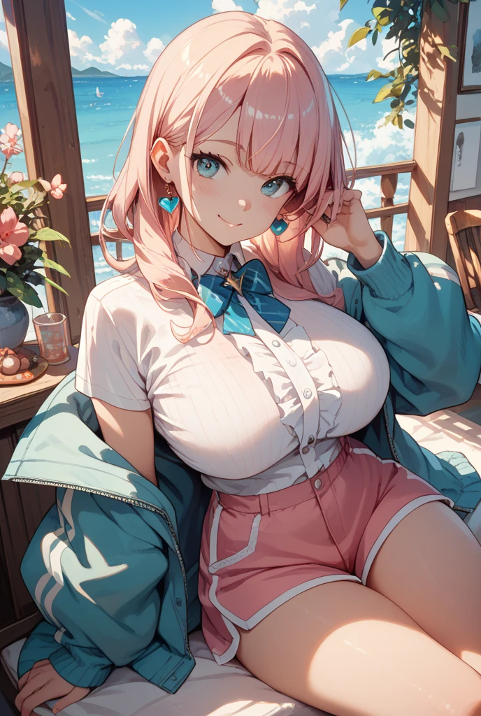 ((Highest quality, 8k, masterpiece :1.3)), (Sharp focus :1.2, Beautiful woman with perfect figure :1.4, Slim Abs :1.2), ((Big Breasts, Emphasize cleavage, The underboob is visible:1.3)), (Photorealistic:1.4), (realistic:1.4), (Pink Hair:1.5), Highly detailed face and skin texture, Fine grain, double eyelid. Makeup face, A little bit of lipstick, sex appeal, Sexy gravure pose, ((Pink cardigan and white mini skirt、Pink ribbon high heels、Crouching on the rooftop so that her underwear is visible。Big earrings stand out、Lip biting expression。:1.3)