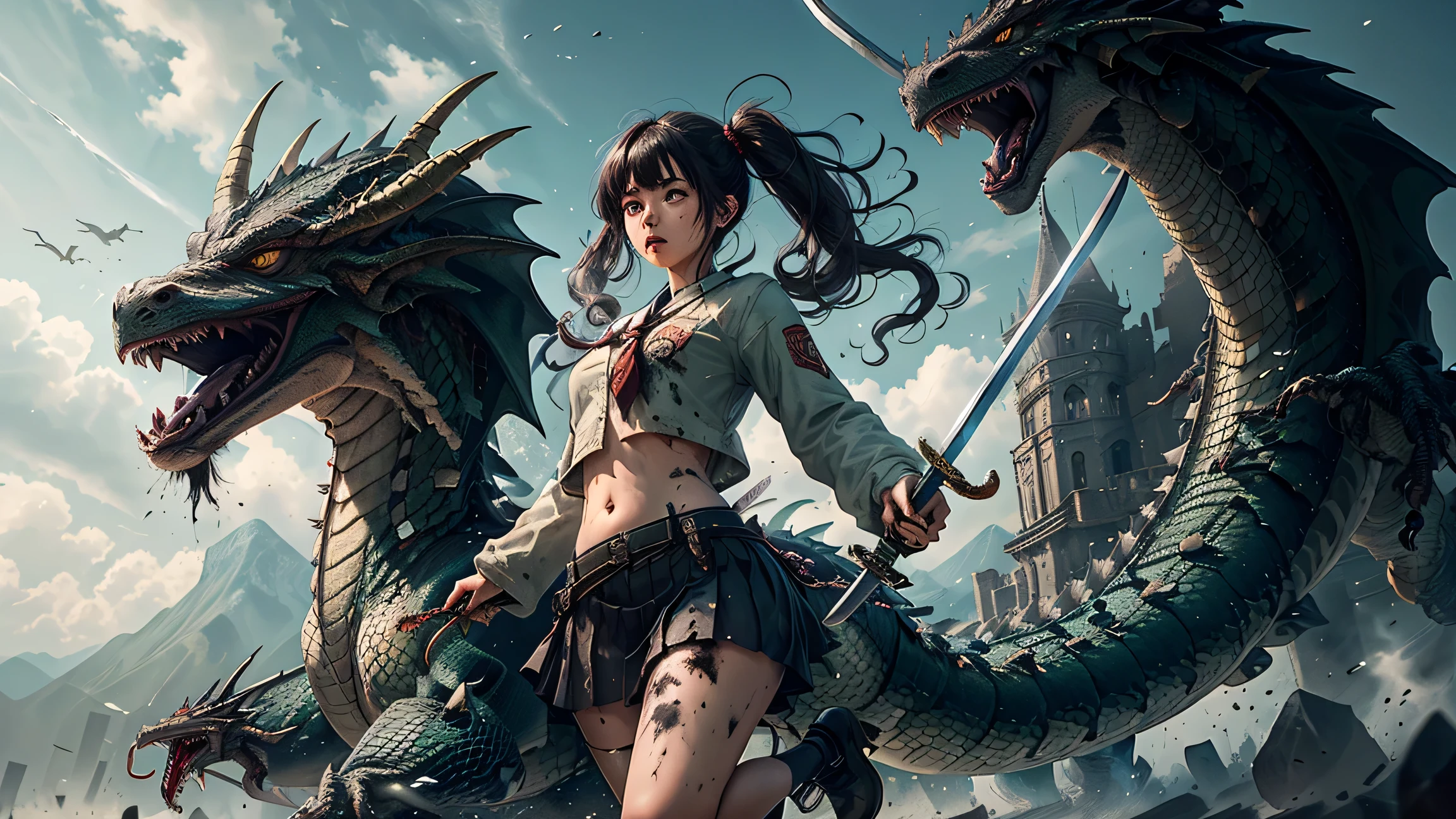 ((masterpiece)),(top quality),Highly Detailed CG,Ultra Details、 Collapsed Worlds 、Remains of war、戦後数百年が経過した文明の Collapsed Worlds の風景、A group of giant dragons、a high school girl fighting a dragon、Group of dragons attacking、(jump on a dragon and stick a sword:1.4)、holding a Japanese sword in her right hand、carrying a bazooka in her left hand、 My belly button is slightly visible 、a handgun holster on her thigh、dark haired、long hair、twin tail、lip gloss、school uniform and skin stained with soot and mud
