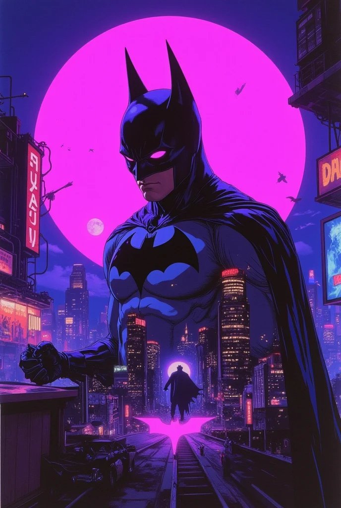illustration-fen,pingtu style,Double exposure, Midjourney style, merging, blending, overlay double exposure image, Double Exposure style, An exceptional masterpiece by Yukisakura showcasing a dynamic double exposure composition of Batman silhouette, sharply defined against a neon-tinted, purple neon, glowy background. Within his figure, the chaotic energy of Gotham, night time bursting with lights, Batmobile, people with guns and the distant the moon. Each contour of his form echoes the duality of luxury and criminal tension. Vivid color saturation within the silhouette contrasts dramatically with the luminous Purpl halo behind him. logo on the back (Detailed:1.45). (Detailed background:1.4). 8k Ultra Realistic. Sharp and High contrast and you see a bar lounge with the Batman's logo Burning on the Bar