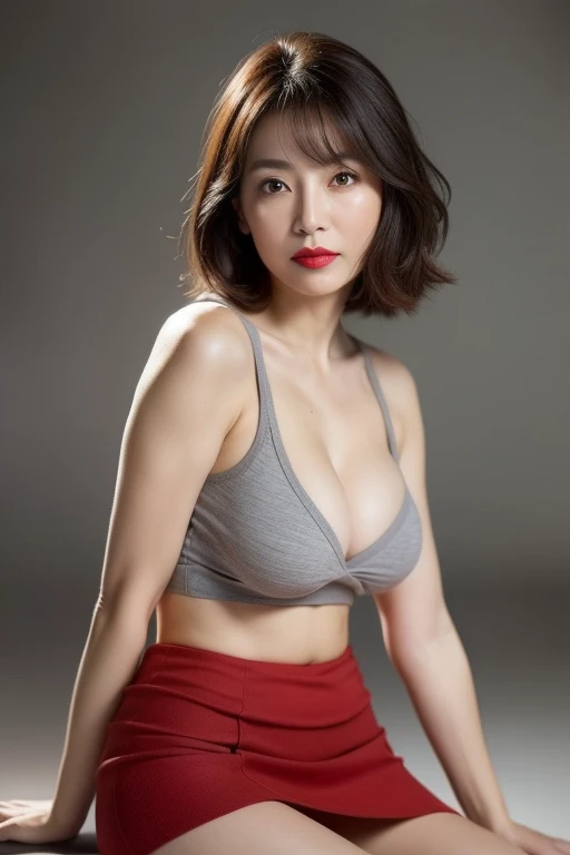 Gray background、(Blue Eye Shadow)、Red lipstick、(Sexy look)、Thighs、Pointy nipples、The wind is messing up my hair、pubic hair、濃いpubic hair、Large Breasts、Red Earrings、smile、White floral dresini skirt、Looking from below