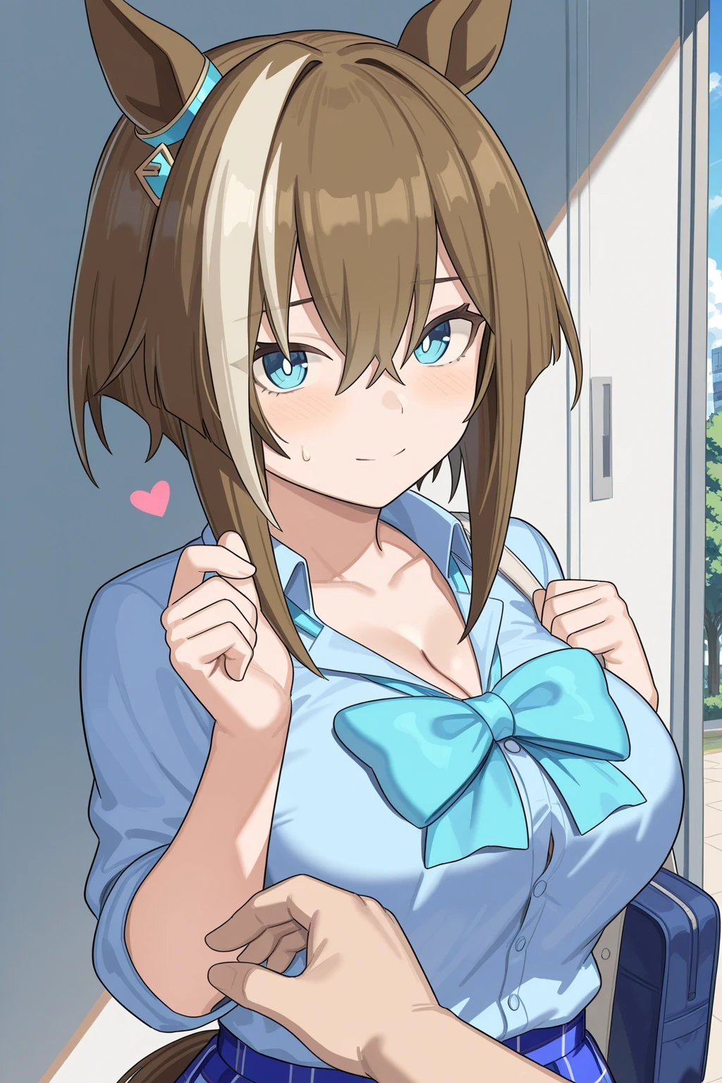 Tokai Teio \(umamusume\), ((Highly detailed eyes)), masterpiece, Highest quality, ((abnormal body, Small breasts)), (Horse tail) ,smile, blush, (indoor, office, living room), whole body, frontage, Long ponytail, (panties), (bra), (In underwear), 