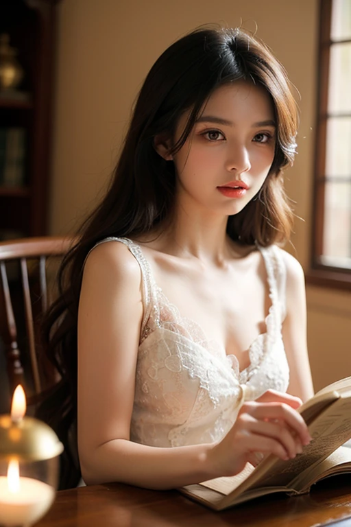 (((best quality))), (((ultra detailed))), (((masterpiece))), illustration,a beautiful girl,solo,slim,thin,messy hair,medium straight bob hair,sitting on the bed,in a bedroom,halter lace nightgown, deep in thought, dimly lit room, soft glow of a digital clock, dark curtains, seclusion and introspection, disheveled hair, shadowed eyes, sleeplessness, delicate features, fragile beauty, pale skin, rouge on cheeks, heavy atmosphere, silence, soft hum of a refrigerator, woman's expression of deep contemplation, searching eyes, capturing the essence of struggle, vulnerability,beauty in the night,