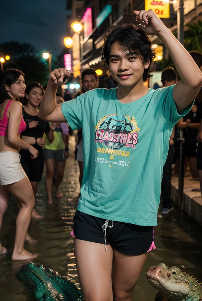 A handsome young Thai teenager ,15 years old,Wear slim underwear and no shirt to ride a motorcycle.,Holding a water gun at the Songkran Festival in Bangkok,Flour smeared,There was a person walking behind him holding a water gun.
