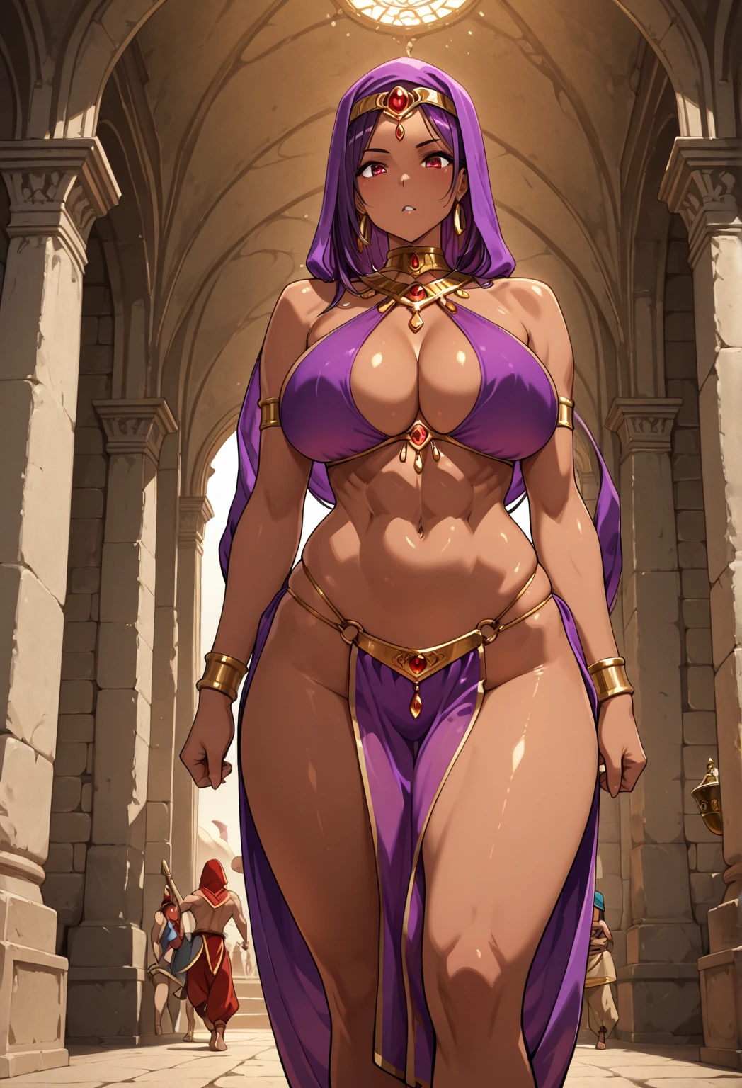 WOWAlexstrasza, couronne, cornes noires, World of Warcraft \ ( style\ ), debout, Bras sur les hanches en toute confiance, sourire, Armored bikini, Arms on the sides, Simple background of a forest,,, walking, full body, flipflops