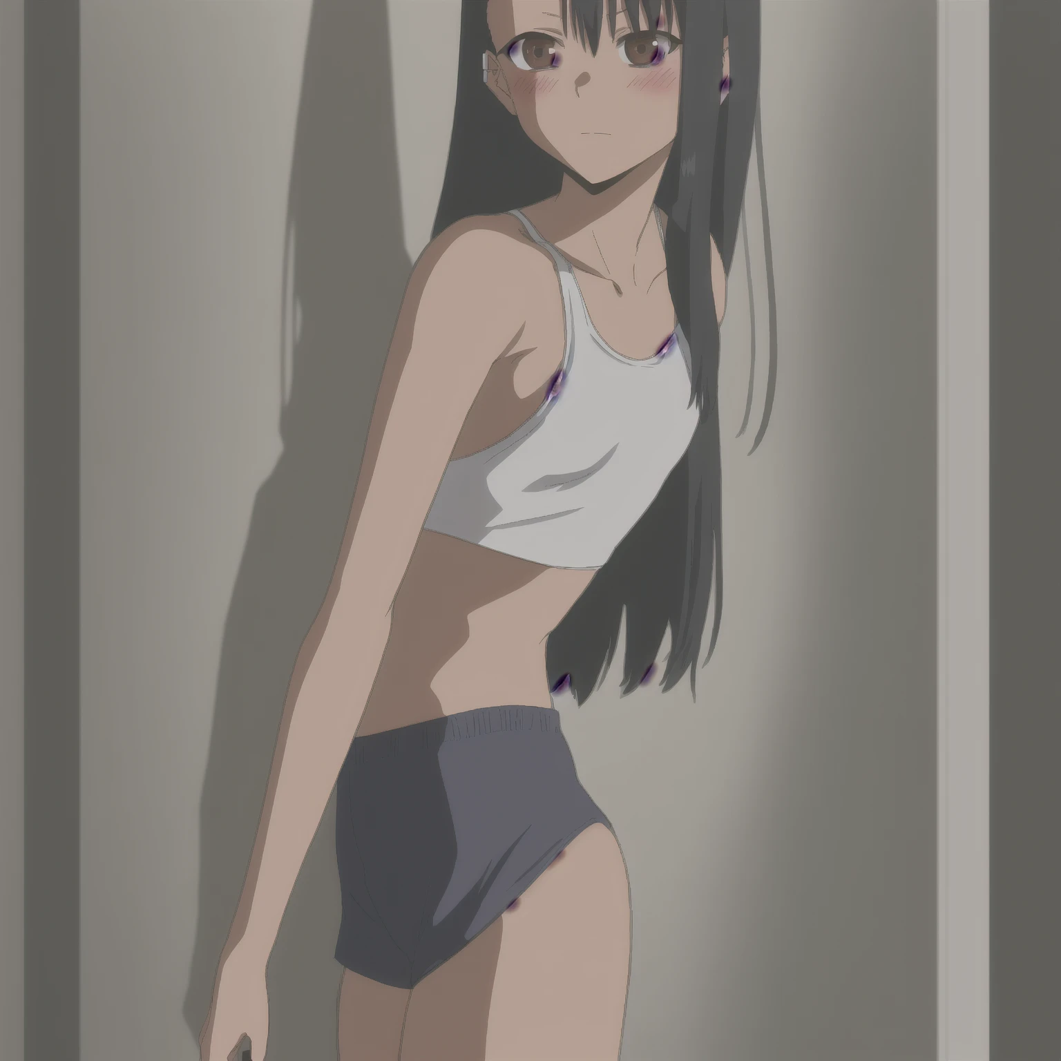 ((masterpiece, best quality)),((highres:1.2)), 1 Girl, solo, Cowboy Shot, Blurred Background, (((Small breasts))), Thighs, (Stripe underwear), ((sexy One Shoulder T-Shirts)), Off the shoulder,