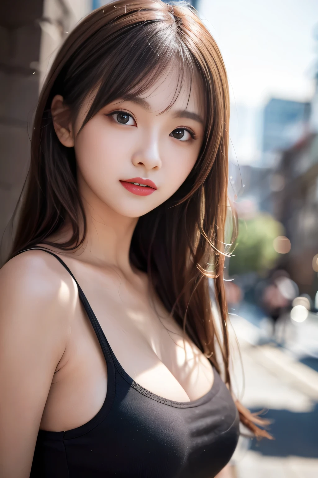 (Leaning forward:1.5), Young Girls。Wearing a V-neck shirt and skirt。A small bulge of her breasts is visible from her chest.。She exudes sexiness with her heavy makeup.。Very small breast growth, A little bit of her bra is visible on her chest.