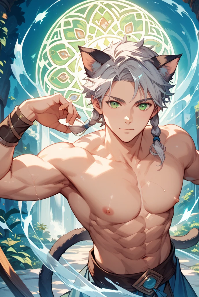 fantasy-style, solo male, muscular, shirtless, grey hair, green eyes, tall, smooth face, surrounded my glowing green energy, holding a glowing green sword, wastelands, eyesgod, niji, eyesgod, niji, eyesgod, niji