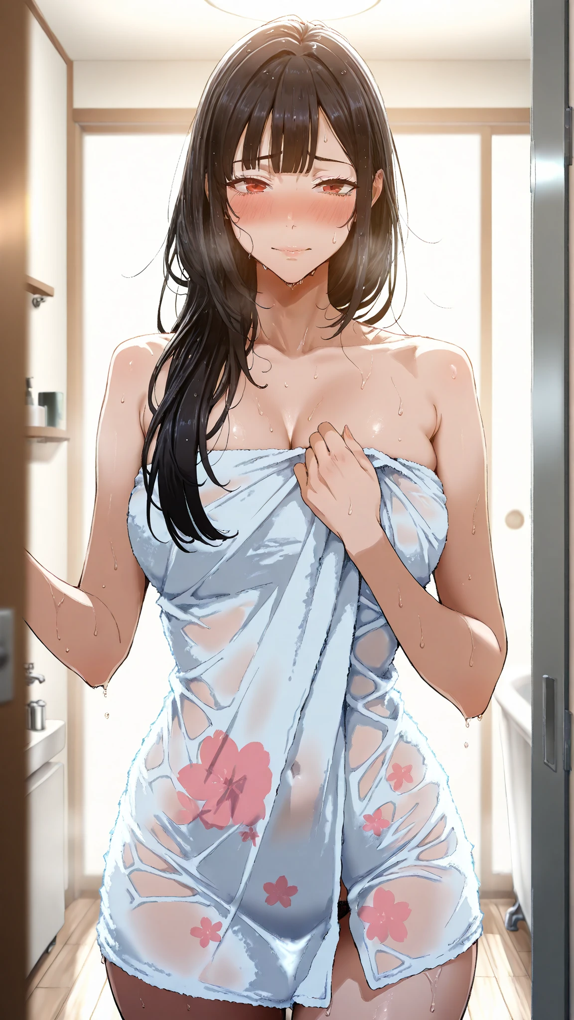 ((Tabletop, Highest quality, High resolution, , Pixel Perfect, 4K,))), 1 female, 、The whole body is visible、 ((Long Wavy Hair, bangs, Brown Hair)), ((Brown eyes, Beautiful eyelashes, Realistic eyes)), ((Detailed face, Blushing:1.2)), ((Smooth texture:0.75, Realistic texture:0.65, Realistic:1.1, Anime CG Style)), Medium sized breasts, Dynamic Angle, Perfect body, (( , , White camisole、No bra、、 Tight jeans pants、Take off your pants below your knees、Panties are visible、I can see her lacy white panties、、)), Gold Hair Ornament、Cross Necklace、、Very embarrassing panic smile, 、、、、、、Nipples are slightly visible、、、Place both hands on the wall and stretch your arms out、Stick your butt out、Hotel shower room、、、、 、)、