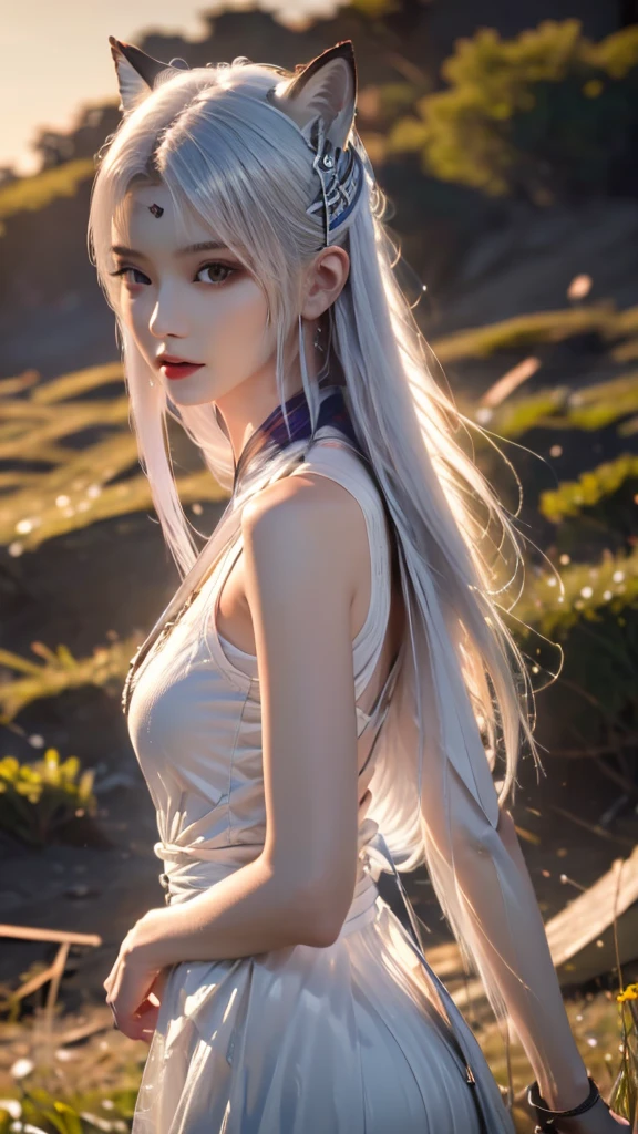trends in the art station, trends on CGsociety, Convoluted, high detailing, Sharp Focus, Dramatic, Starry night sky, Tipha Lockhart in Final Fantasy, Tifa's Original Costume Final Fantasy 7, 25 years old, mature appearance, Mid Journey and realistic drawing art by Greg Rutkowski, sketch, masutepiece, Best Quality, Very detailed, 1womanl, A half body, Head to bust image scope, Portrait goals, up close shot, White tank top and black leather skirt, Standing position, Beautiful meticulous eyes, Cute face, Bust, Big Bossom, Beautiful meticulous face, White hair, (Plant illustration: 1.5), No exposure to pornography, Bigger breasts,