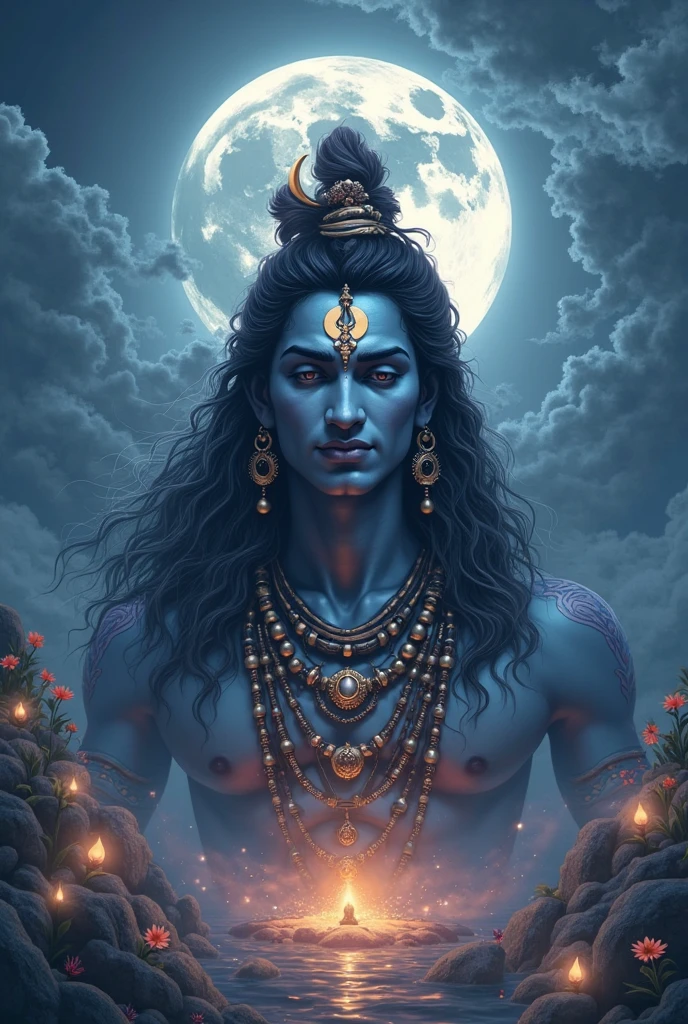 14. **Shiva’s Meditation**: Close-up of Lord Shiva in deep meditation, surrounded by mystical energies and a serene, moonlit backdrop.