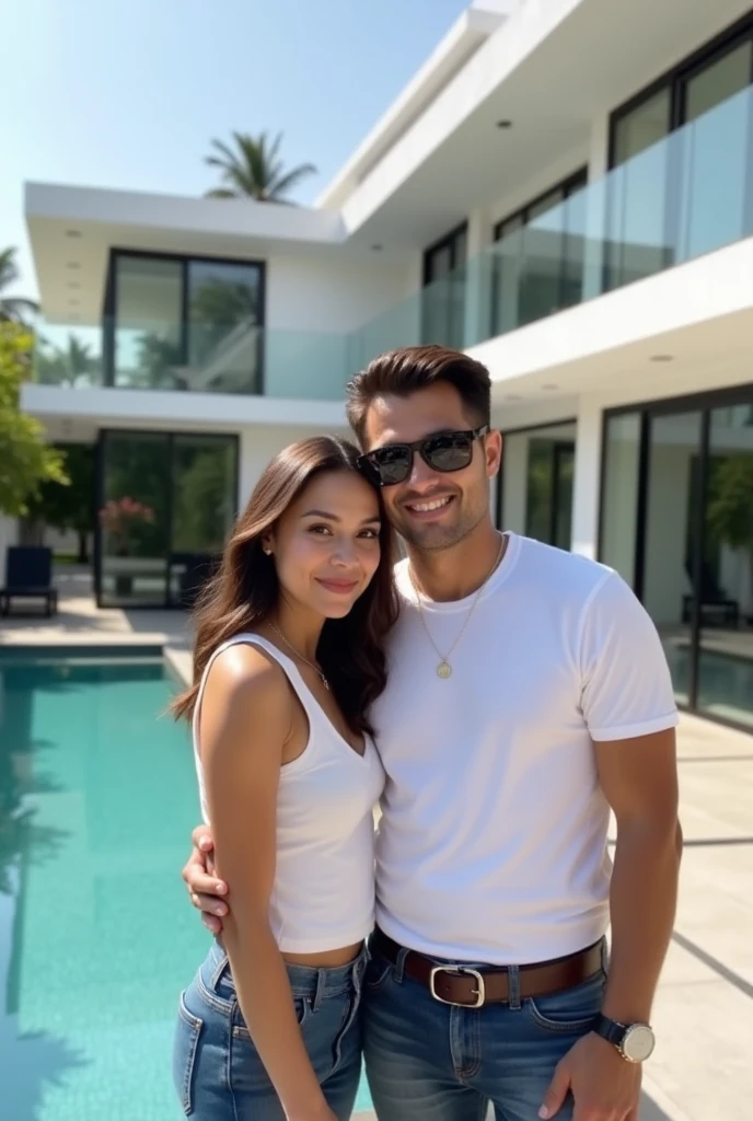 RAW photo, a portrait photo of 45 y.o man and gorgeous wife together celebrating, beach clothes, standing in a suit at his beach front ultra luxury villa wondering about life, natural skin, 8k uhd, high quality, film grain, Fujifilm XT3, full body and head straight in the photo, facing the viewer of the photo, eyes fixed to the lens, appears shoulders and head in the photo, man and woman centered in the photo, 8k, best quality, masterpiece, realistic, realistic photo, movie photo, ultra realistic, 2 person, detailed, perfect lighting, DSRL, professional photo, 4k, background full view of the ultra-luxury beach front Caribbean villa with inanity pool in the summer with his attractive wife in the poll relaxing with a cocktail, 16:9 aspect ratio