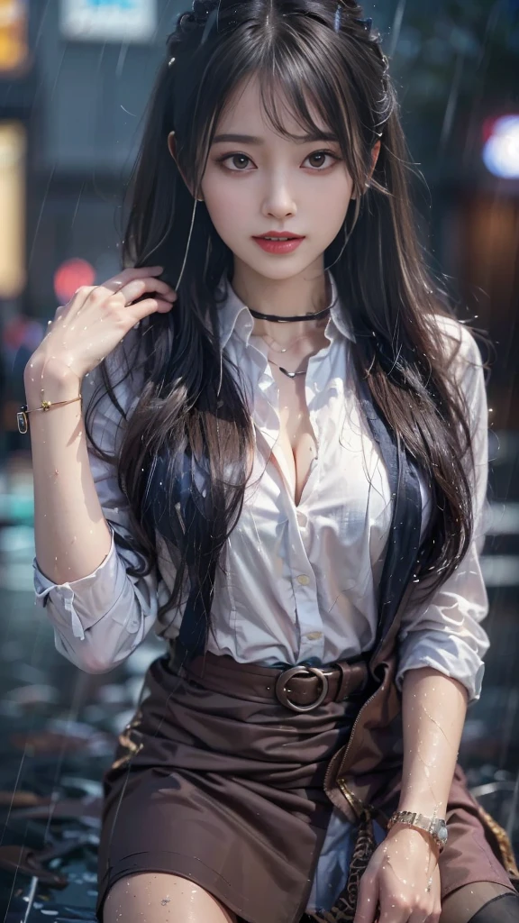 (A hyper-realistic)、(illustratio)、(hight resolution)、(8k picture)、(ighly detailed)、(Best Illustration)、(beautifully detailed eyes)、(top-quality)、(ultra-detailliert)、(​masterpiece)、(wall-paper）、（A detailed face）、1 girl in、Viewer's Perspective、full body Esbian、fine detailed、A detailed face、lowkey、pureerosfaceace_v1、Dark eyeliner、bangss、Colossal tits、(32k images、​masterpiece)、1girl in、Shirt with white collar、a secretary、eye glasses、beautiful and long hair of brown color、poneyTail、large full breasts、Brown eyes、a necklace、耳Nipple Ring、tight miniskirt、skinny thigh、Beautiful teeth alignment、Office、noble、elegent、hair adornments、