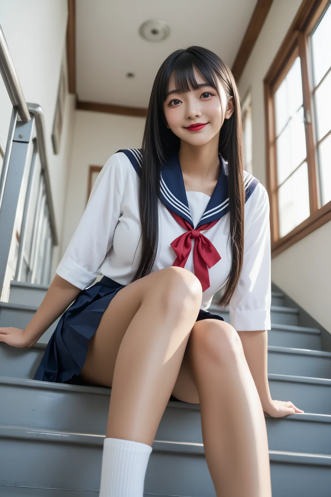 （8K、Raw photography、Highest quality、masterpiece：1.2),(Black Hair、Dark Eyes:1.9),(High school girls、school uniform:1.6)、View your audience,Viewed from the front,White skin,(:1.3)、(Tight waist:1.6)、(Clothes that accentuate the shape of the breasts:1.0)、(Big Breasts :1.3)、Slim figure、Ultra-high resolution,beautiful,beautiful fece,(One person、No background:1.9),whole bodyボディー,Japanese women,（reality的：1.37）、Photon Mapping,reality、(Baby-faced and cute: 1.2)、(Cute Smile: 1.8)、(Round face: 1.8)、Radio City、Physically Based Rendering、Depth of field rally background、photograph, (I can see your knees、Thigh close-up:1.8),（:1.3）,whole body、Great quality