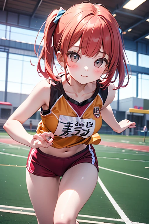 matikanefukukitaru \(umamusume\), ((ultra-detailed face)), symmetrical face, beautiful face, (masterpiece), best quality, muscle, abs, horse tail, large tits, smile, athletics track, sports bra, hand between legs, stadium
