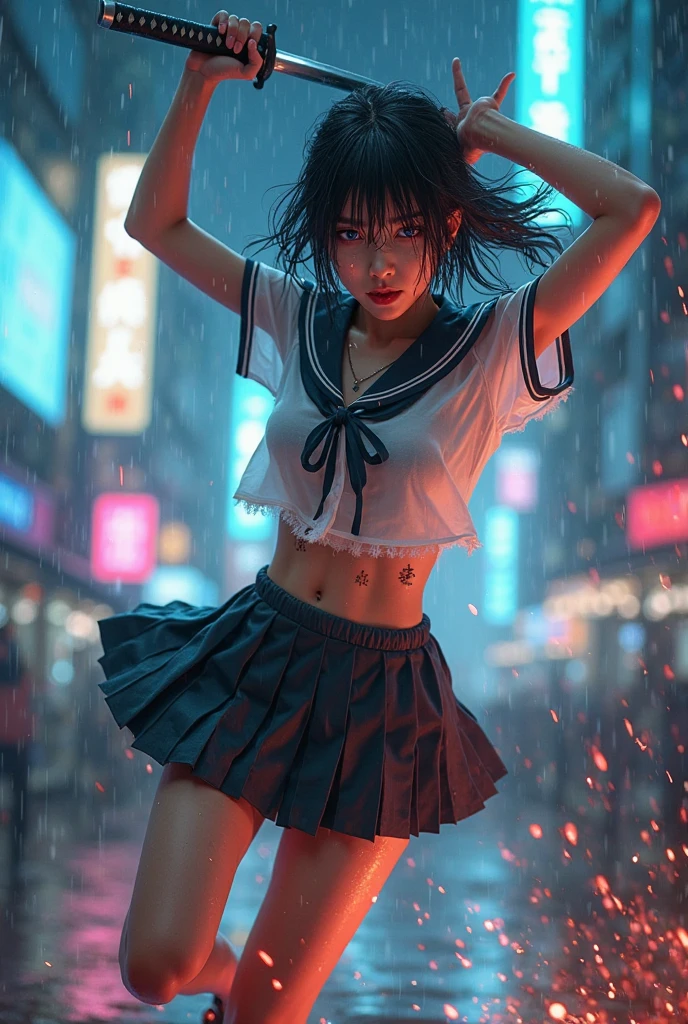 (Leica 10772 M-P, 85mm macro lens, F/8 aperture, film still), (RAW shooting, Photoreal:1.5, 8K, highest quality, masterpiece, ultra high resolution), (((Typhoon heavy rain))), raining, Highly detailed skin and facial textures:1.2, Japanese girl, 18 years old, Fair skin, white skin, (Whole body is floating in the air:1.4), (jumping:1.4), (flying:1.4), (Fly into the air:1.4), perfect style:1.2, water droplets on the skin, (black hair:1.2), random hair, (Bra see-through, Chest gap), (rain drips all over my body:1.2, wet body:1.2, wet hair:1.3), (Wet school uniform:1.3), (struggling, The expression on your face when you feel intense caress, Facial expression when feeling pleasure), (beautiful black eyes, Eyes that feel beautiful eros:1.3)