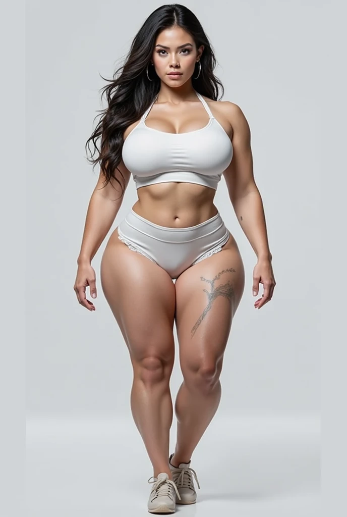 photorealistic, ultra high resolution,1women, solo, wide hips, realistic face, (detailed face), looking at the camera , sexy pose , black hair, (closeup),long hair, wide angle, long hair, (busty), clean armpits , six pack belly, large breasts, full body angle, 19 years old woman , thick muscle thighs , thick muscular arms , standing, wearing thin swimsuits, wearing white sneakers, asian goddess, straight hairstyle, muscular belly, muscular thighs, thick hips, muscular arms, curvy, massive arm, full body, tall body, masterpiece
