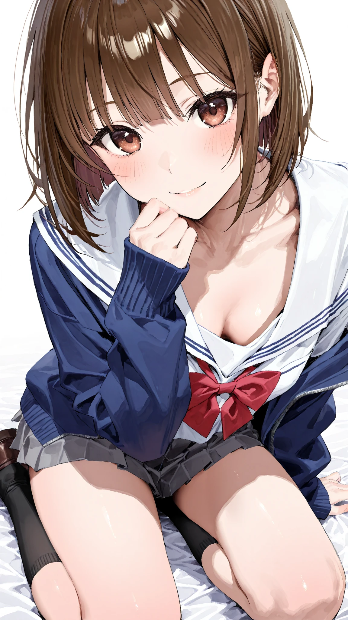 white background,masterpiece, highest quality,figure,sailor suit,slanted eyes,straight hair,brown hair,Side division,super dense skin,surprised,detailed and beautiful eyes,blush,short sleeve shirt,red eyes,(big breasts:1.2), (A raised and well-defined bust:1.2), (lifted chest:1.2), (perky chest :1.2),cover one's chest with one's hands,high school girl,undressing,black lingerie,school changing room,undressing,take off half of your clothes,black bra