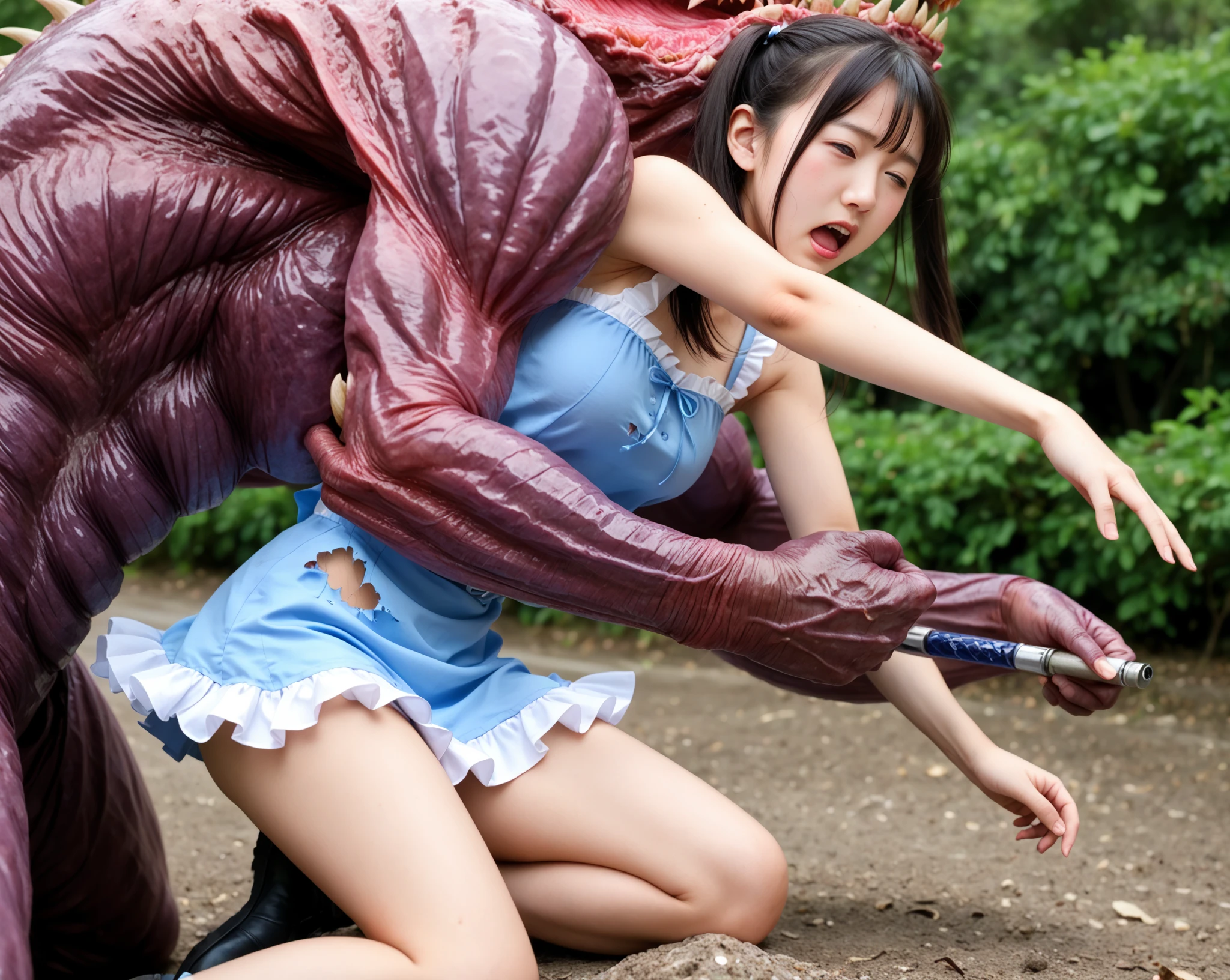 A woman being attacked by a slug monster