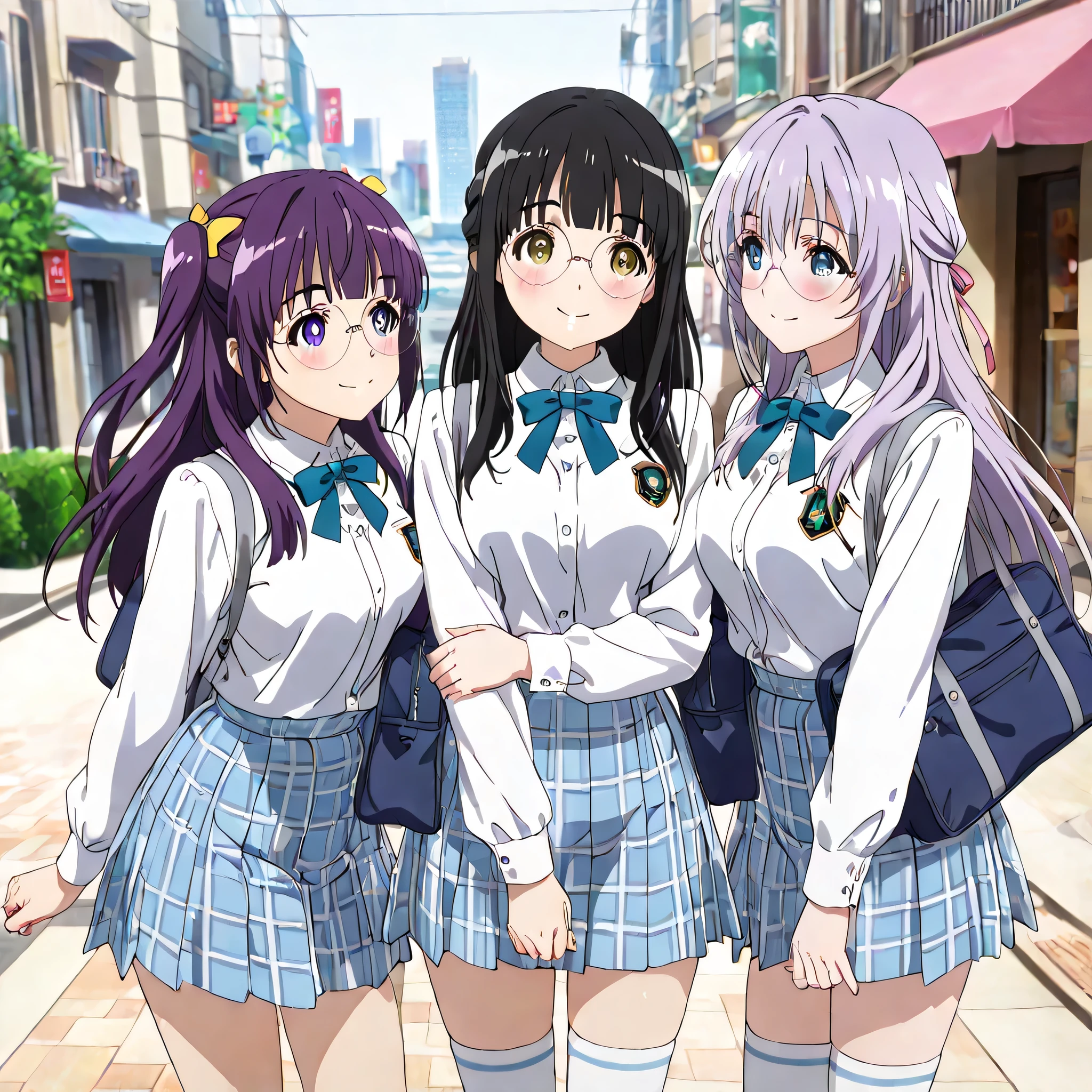 ((ultra-detailed)), (highly detailed CG illustration), (best quality:1.2), ultra-highly detailed, colorful composition, artistic photoshoot, 3girls, trio focus, Yuri:1.3, side by side, shoulder-to-shoulder:1.4, side-by-side, moe anime character, dainty facial structure, face, round face, rounded chin, short stature,  school uniform, blue stripe neck bow, long sleeves white shirt, blue checked pleated skirt, and white high socks, school bag from shouder, smile:1.3, happy:1.3, joyful:1.3, blush:1.3, ample breasts, cowboy_shot, dynamic_angle, eye contact, BREAK

 (girl A is Sena:1.2), girl, thick eyebrows, half updo, sagging eyes, long hair, black hair:1.3, brown eyes, (wearing glasses:1.3), (round eyewear:1.3), black hair color:1.3, half updo, hair ribbon with light blue, BREAK

(girl B is Marika:1.2), girl, blue eyes:1.3, sagging eyes:1.3, silver hair:1.3, long hair, two side up,  hair ribbon with black,   BREAK

(Girl C is Fern:1.2), fern, long hair, bangs, purple eyes, purple hair, sidelocks, blunt bangs, bright pupils, half updo, BREAK

dynamic pose, contrapposto pose:1.3, from front, street background, cityscape, sunshine, gentle smile:1.3, blush:1.3, expecting, pink cheek, pink gloss slip:1.2, portrait, depth of field, soft lighting, sidelighting, caustics, ray tracing, lustrous skin, highly detailed face, highly detailed eyes, perfect nose, perfect anatomy, beautiful hair, beautiful small face, beautiful detailed eyes, beautiful clavicle, beautiful body, beautiful breasts, leavage, breasts squeezed together, beautiful thin thighs, beautiful legs, beautiful fingers, lovely, (very detailed background:1.0), (highly detailed background:1.0), early summer aesthetic, intricate details, fun female friend atmosphere, early summer colors palette, chromatic aberration