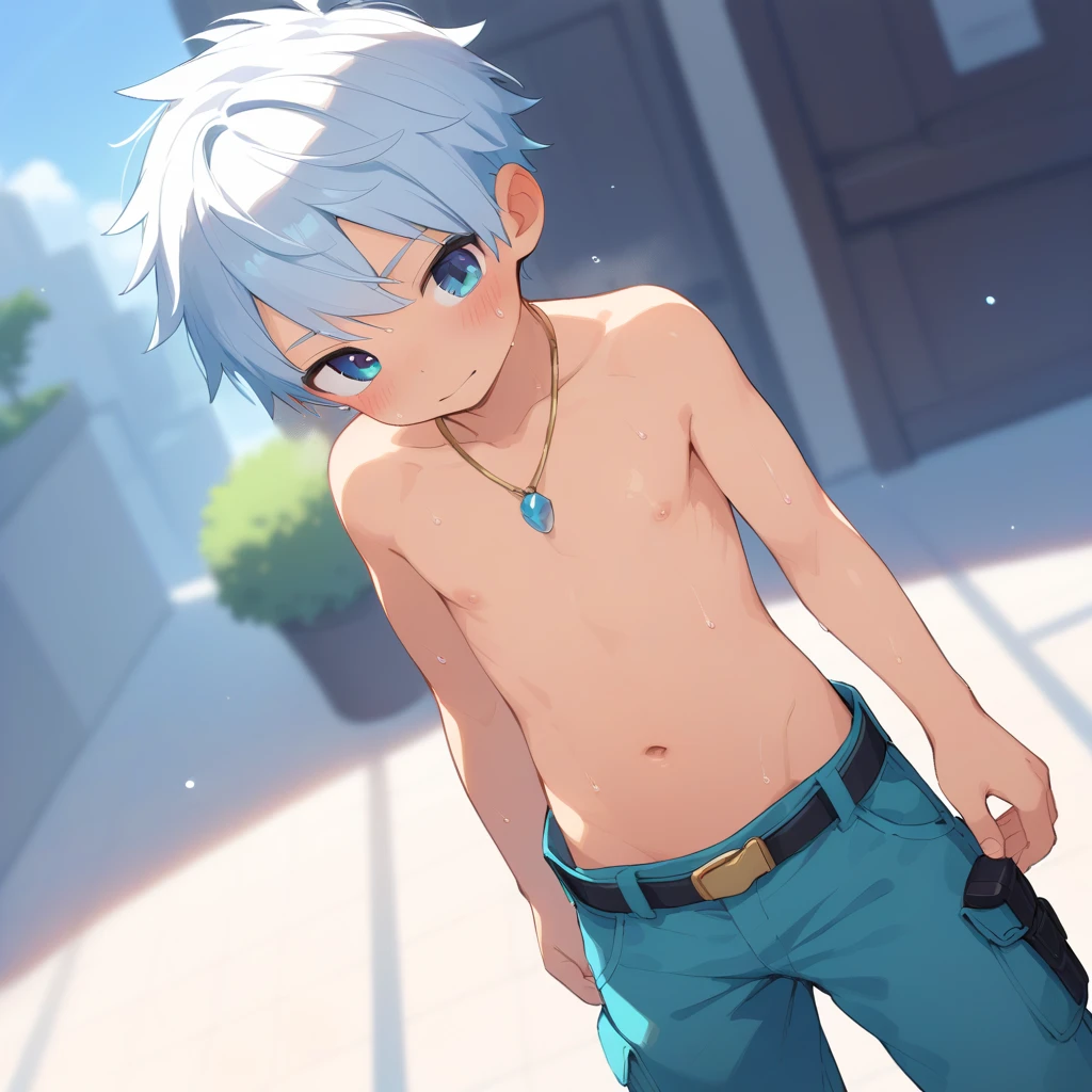 ((Furry, kemono)), 2D furry Shota, swimming_suit,standing,goggles, rabbit_ear, rabbit_tail, topless, green_body_fur, speedo