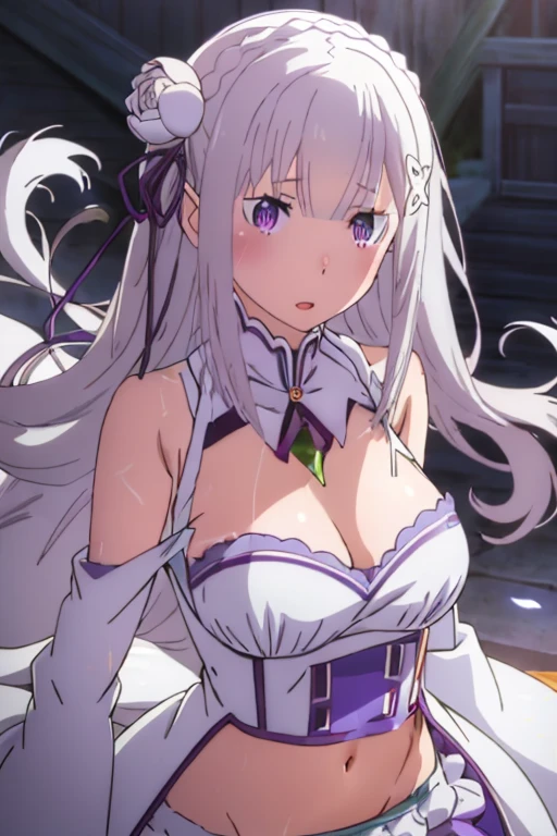 Emilia, happy, Slender, skinny, Flat Chest, bare shoulders, delicate and sexy collarbone, standing, 1girl, bangs, bare shoulders, blunt bangs, blurry, blurry background, blurry foreground, blush, braid, breasts, cleavage, cloud, crown braid, day, depth of field, detached sleeves, dress, emilia_\(re:zero\), eyebrows visible through hair, flower, gem, hair flower, hair ornament, hair ribbon, lens flare, long hair, looking at viewer, low-tied long hair, medium breasts, one eye closed, outdoors, pleated skirt, pointy ears, purple eyes, purple ribbon, ribbon, silver hair, skirt, sky, smile, solo, very long hair, white flower, full body, wide shot, highest quality, high resolution.