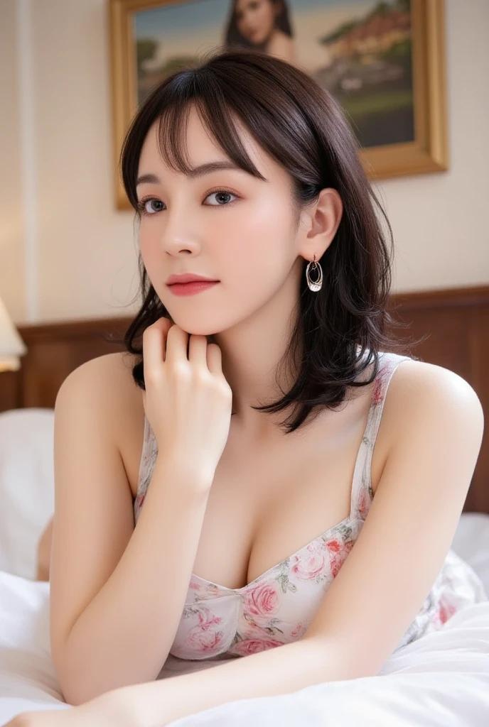 ((Snapshots of everyday life, Clear photos:1.4)),
(Wearing maid uniform:1.8),
(No bra, The shape of the nipples is visible,Rich breast cleavage,Beautiful thighs,Ultra-detailed skin,Tiny pores in the skin:1.4),
((Sit deep in bed and lean forward, Her breasts are touching my thighs, Her body is incredibly beautiful and stylish, :1.4)),
((I love you?, I want to touch my breasts?, I want to fuck you?)),
((32 years old, Beautiful sister, Short, Sexy body, Body facing forward, Focus on the thighs:1.5)),
((Small breasts, Flat Chest, chest is slightly drooping:1.2)),
((Morning time:1.4)),
Eye focus, Narrow shoulders, Beautiful clavicle, Thin arms, Thin legs, The back of the hand is beautiful and feminine, Slim figure, Soft belly, Tight waist, Highly detailed face, super detailed breasts, Ultra-detailed skin, Fair skin, Shiny skin, Ultra-detailed lips, Fuller lips, Glossy pink lips, Blushing, White teeth, Blue Eyes,
Beautiful actress makeup, Make-up, Pink lipstick, Dark brown hair, Delicate and soft hair, (Put your hair up, Fluffy short bob, ponytail:1.2), (Sweep your bangs to the side:1.2), (Stylish earrings,necklace:1.2),