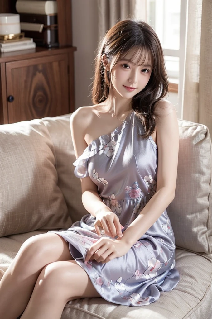 Highest quality,Tabletop,Ultra-high resolution,(Realistic:1.4),RAW Photos,One Girl,smile,hairpin,Earrings,jewelry,Brown long hair、bangs、thigh,Silk stockings,View your viewers,lips,blue eyes,Pause,Very beautiful face,Put your hands down,Random hairstyle,Random representation,Big eyes,Bedroom,bed,dress,(pink Floral dress:1.1),hair band,