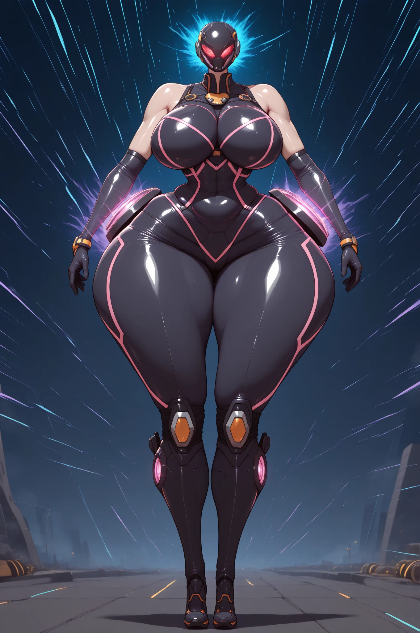 1girl, red eyes, blue hair, short hair, ponytail, large breasts, hourglass figure, bodysuit, black bodysuit, neon, neon trim, machinery, tech, science-fiction, futuristic, smile, standing, full body, ((full body)), ((long ponytail)), arms down, hands down