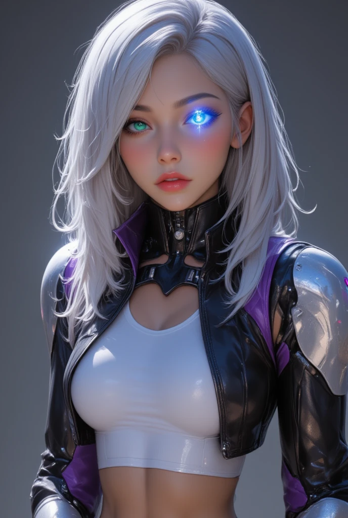 goth_punk,roblit,1girl,full body,navel,white and blue robot,solo,with a robotic Dragon pet wrapped around the body,medium shot,walking in Harajuku,((night time:1.2)),bokeh,neon light,(colourful background:1.2),iridescent eyes,starry sky,white shimmer hair,white eyebrow,glowing hair,(iridescent white hair),earrings,bangs,jewellery,blunt bangs,green eyes,hair ornament,looking at the viewer,short hair,portrait,sidelocks,