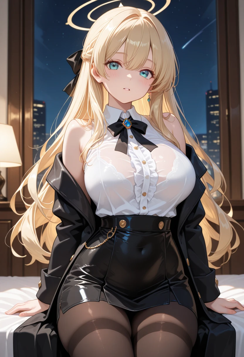 (best quality,masterpiece:1.2),blond hair，looking at the audience, Black suspenders, Black skirt, White shirt, Garter belt, gaze, Knee socks, gun holster, Beautiful woman, Raise your hand. Black boots, flank, Put your hands behind your back, night, City background